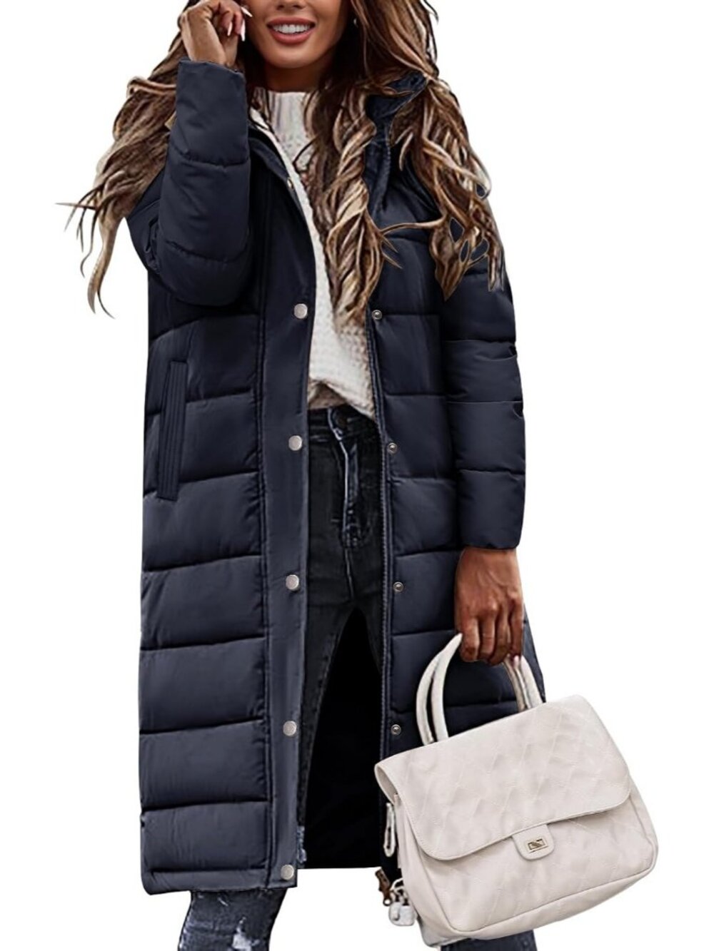 Women's Navy Blue Winter Long Puffer Coat Quilted Warm Jacket with Side Zippers